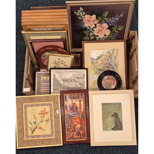 518 - A Crate of Various tapestries, prints & frames; Pratt ware porcelain pot lid Whippet scene, Oriental... 