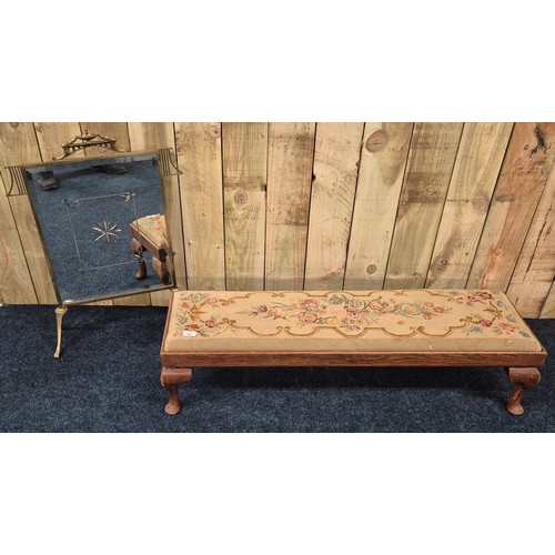 388 - Antique long foot stool together with a gilt brass and bevel mirror front fire screen.