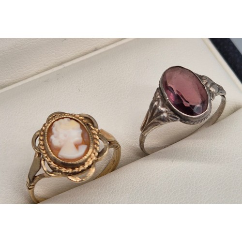 11 - 9ct yellow gold and carved cameo ring. Together with a 835 silver and purple stone ring. 2.60grams- ... 