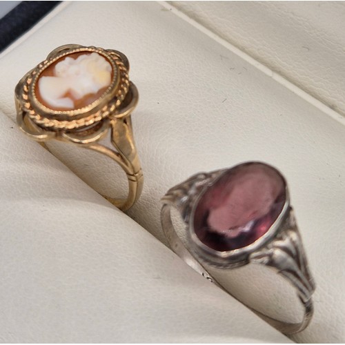 11 - 9ct yellow gold and carved cameo ring. Together with a 835 silver and purple stone ring. 2.60grams- ... 