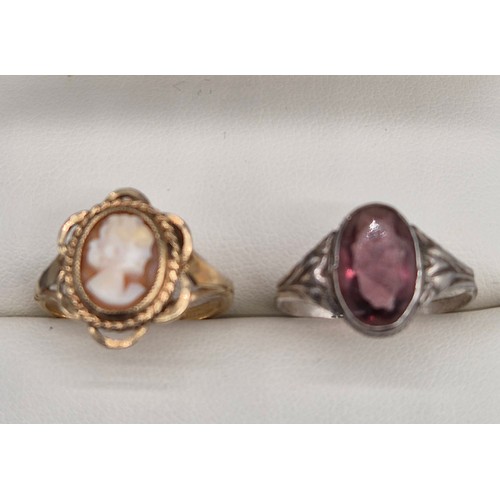 11 - 9ct yellow gold and carved cameo ring. Together with a 835 silver and purple stone ring. 2.60grams- ... 