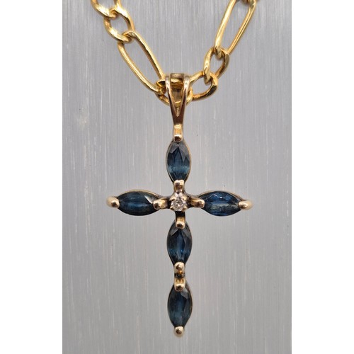 12 - 9ct yellow gold curb necklace fitted with a 9ct yellow gold, Sapphire and Diamond stone cross pendan... 