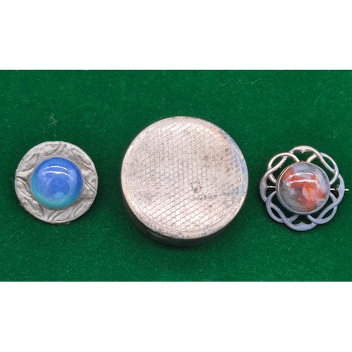 89 - Birmingham silver pill box and two brooches. Silver and moss agate Celtic design brooch and Ruskin p... 