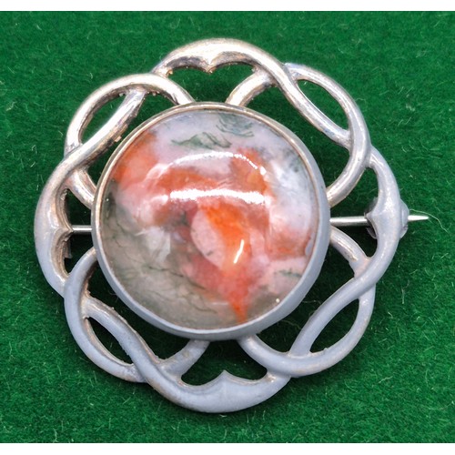 89 - Birmingham silver pill box and two brooches. Silver and moss agate Celtic design brooch and Ruskin p... 