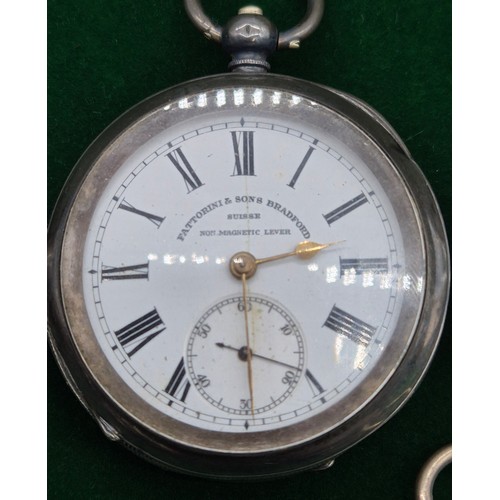 10 - Five antique pocket watches; Four being silver cased. Silver fob watch with white metal Albert Chain... 