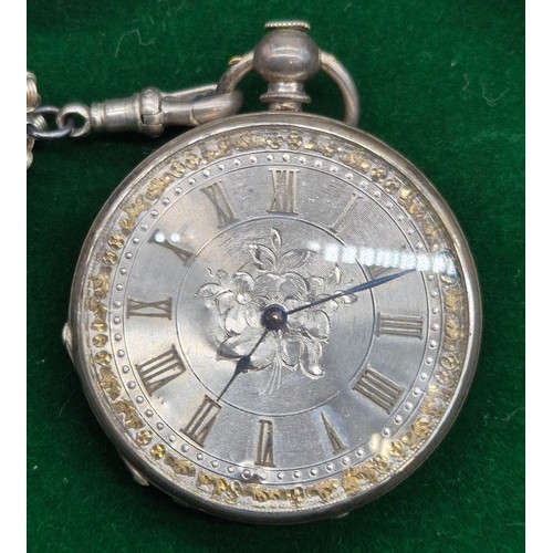 10 - Five antique pocket watches; Four being silver cased. Silver fob watch with white metal Albert Chain... 