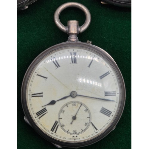 10 - Five antique pocket watches; Four being silver cased. Silver fob watch with white metal Albert Chain... 