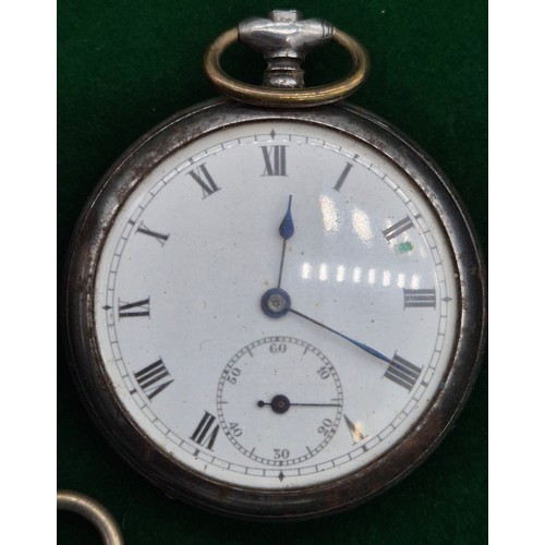 10 - Five antique pocket watches; Four being silver cased. Silver fob watch with white metal Albert Chain... 