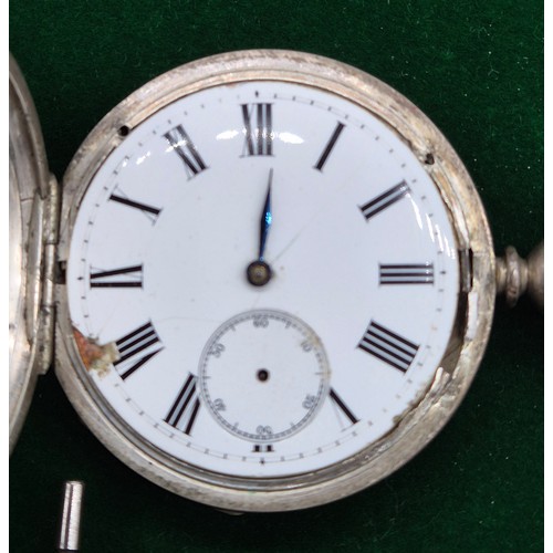 10 - Five antique pocket watches; Four being silver cased. Silver fob watch with white metal Albert Chain... 