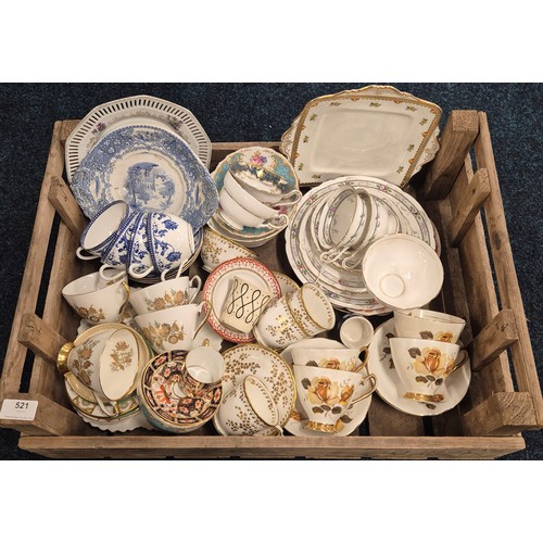 521 - A Large Crate Of Tea wares; Shelley tea wares, Royal Crown Derby small coffee can n Saucer & other i... 