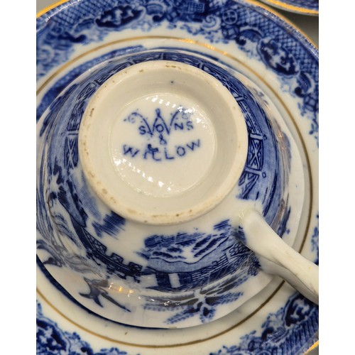 124 - 19th century Sons & Willow blue and white tea cups and saucers. 