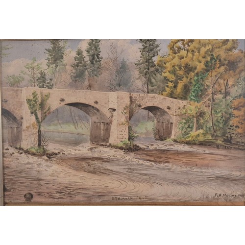 528 - F.A. Malony
Original watercolour painting of a stone bridge over a river, signed and dated 1914. Fit... 