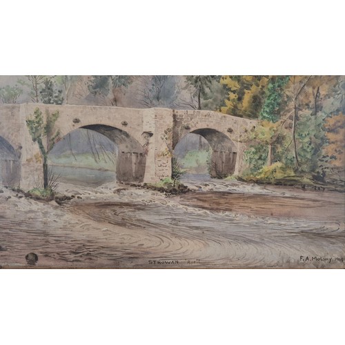 528 - F.A. Malony
Original watercolour painting of a stone bridge over a river, signed and dated 1914. Fit... 