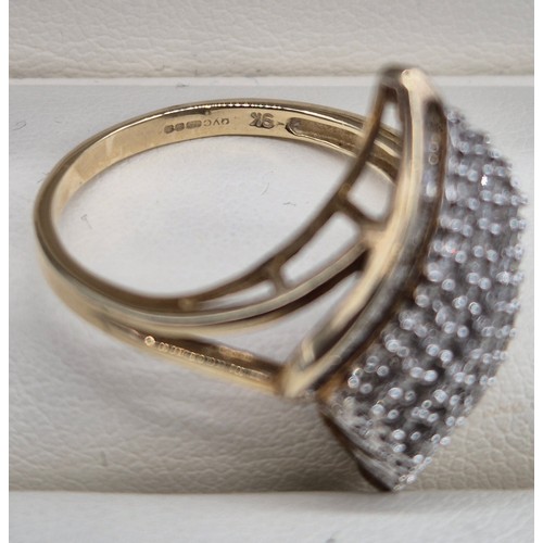 9 - 9ct yellow gold and diamond cluster ring. Fitted with six rows of round cut diamonds and two rows of... 