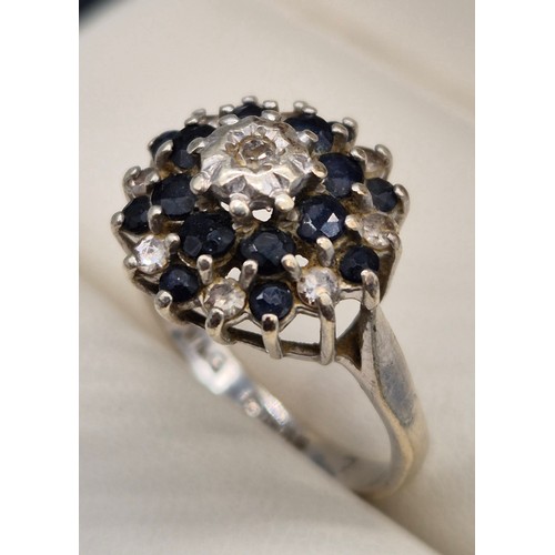 20 - 9ct white gold, sapphire and diamond cluster ring. 3.91Grams. Ring size O.
