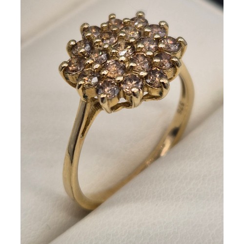 22 - 9ct yellow gold and diamond cluster ring. 0.90cts diamonds. 2.64Grams. Ring size P.