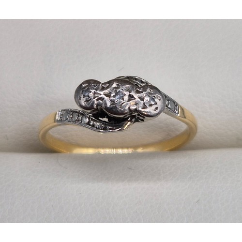 1 - 18ct yellow gold and Platinum three diamond stone ring. 2.16grams. Ring size L.