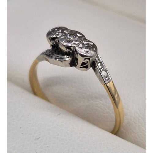1 - 18ct yellow gold and Platinum three diamond stone ring. 2.16grams. Ring size L.