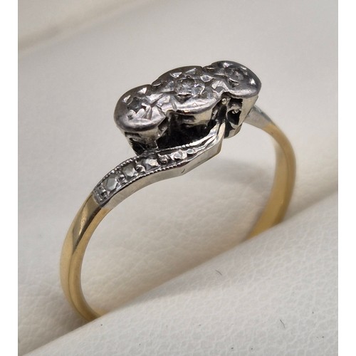 1 - 18ct yellow gold and Platinum three diamond stone ring. 2.16grams. Ring size L.