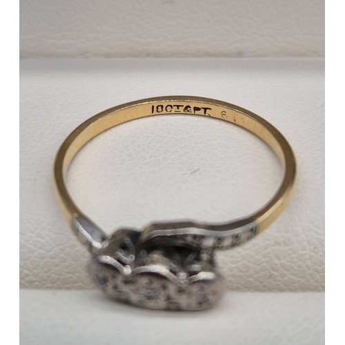 1 - 18ct yellow gold and Platinum three diamond stone ring. 2.16grams. Ring size L.