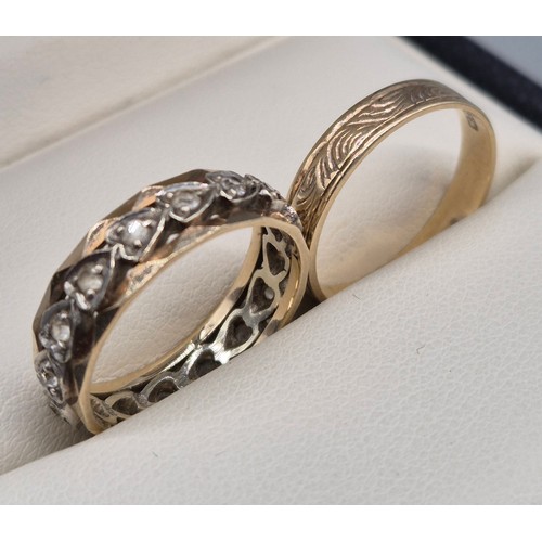 27 - Two 9ct yellow gold band rings. 5.21grams. Ring size N 1/2 & O. One ring fitted with white quartz st... 
