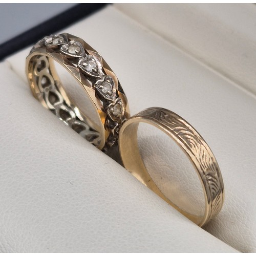 27 - Two 9ct yellow gold band rings. 5.21grams. Ring size N 1/2 & O. One ring fitted with white quartz st... 