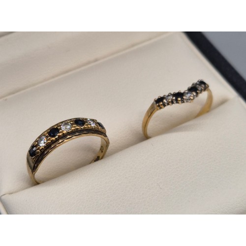 2 - Two 9ct yellow gold, sapphire and CZ Stone rings. 2.88Grams. Ring size L & M.