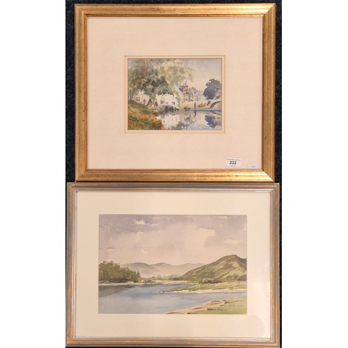 232 - Two watercolours; Loch scene and village, river and bridge scene. Both unsigned. Both fitted within ... 