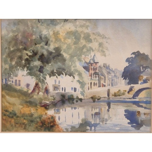 232 - Two watercolours; Loch scene and village, river and bridge scene. Both unsigned. Both fitted within ... 