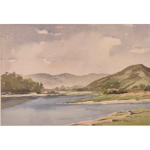 232 - Two watercolours; Loch scene and village, river and bridge scene. Both unsigned. Both fitted within ... 