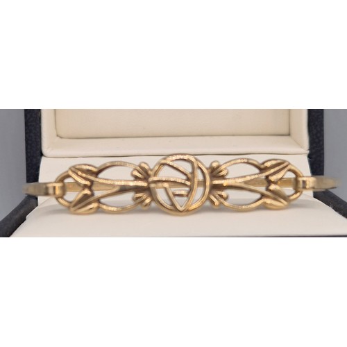 3 - 9ct yellow gold Rennie MacKintosh design bangle. 8.18grams.