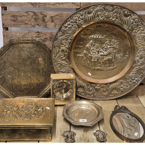 246 - A Selection of collectables; Brass wall charger, Indian engraved serving tray, Antique style ribbon ... 