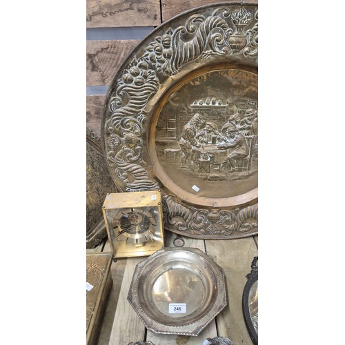 246 - A Selection of collectables; Brass wall charger, Indian engraved serving tray, Antique style ribbon ... 