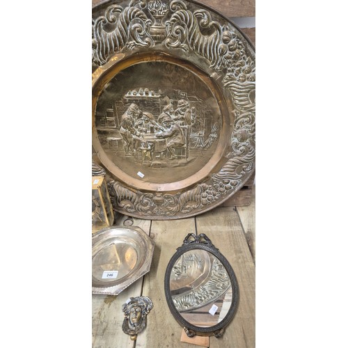 246 - A Selection of collectables; Brass wall charger, Indian engraved serving tray, Antique style ribbon ... 