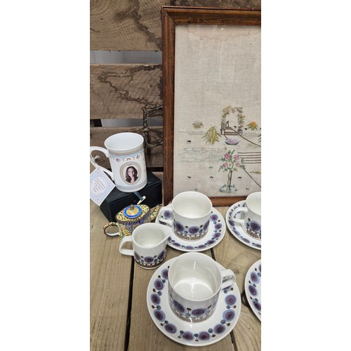 242 - Tapestry two handle tray containing various collectables; J&G Meakin retro coffee set, Chinese Ename... 