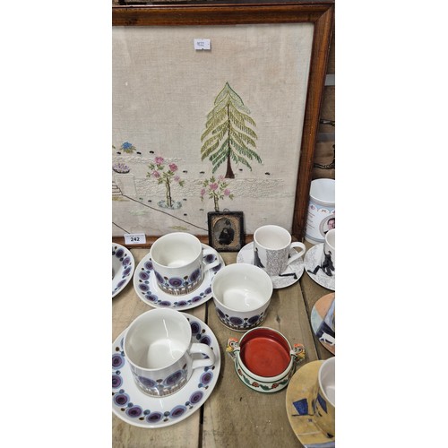 242 - Tapestry two handle tray containing various collectables; J&G Meakin retro coffee set, Chinese Ename... 