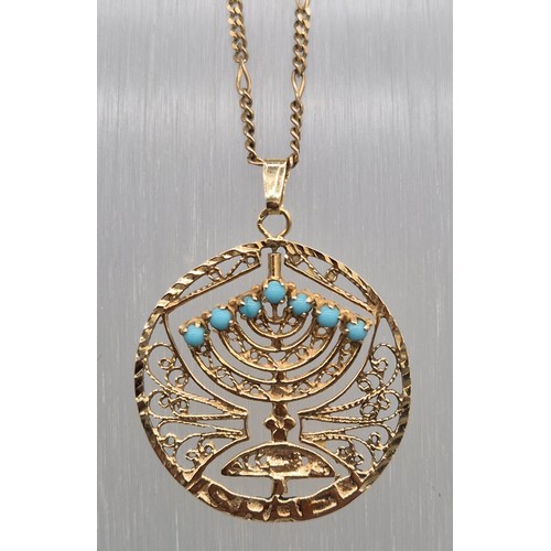 7 - 9ct yellow gold curb necklace and 14ct yellow gold Menorah pendant fitted with ruby and turquoise ge... 