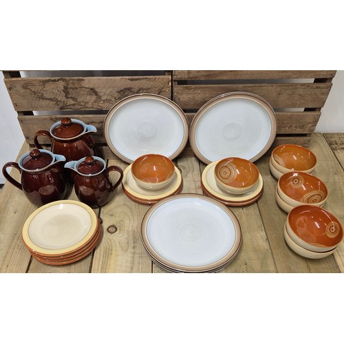 387 - A Crate of Various Denby Wares; Dinner plates, Side Plates, Retro patterned bowls & Three Piece Denb... 