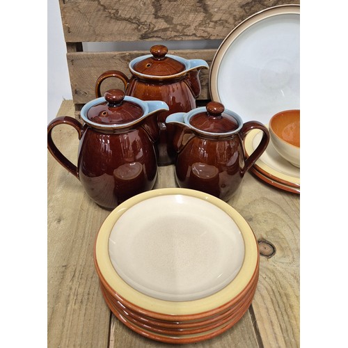 387 - A Crate of Various Denby Wares; Dinner plates, Side Plates, Retro patterned bowls & Three Piece Denb... 