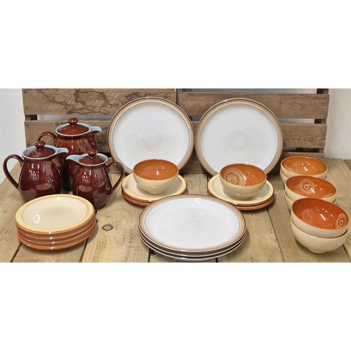 387 - A Crate of Various Denby Wares; Dinner plates, Side Plates, Retro patterned bowls & Three Piece Denb... 