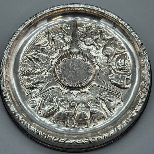 46 - Swedish Silver Viking dish. Designed with raised relief warriors and longboats. Maker GAB. Silver is... 