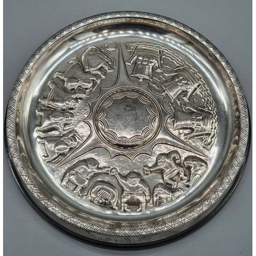 46 - Swedish Silver Viking dish. Designed with raised relief warriors and longboats. Maker GAB. Silver is... 