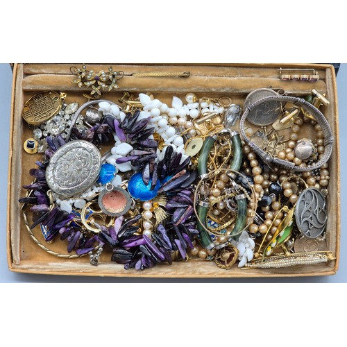 48 - Antique blue leather jewellery box containing a large quantity of mixed jewellery.