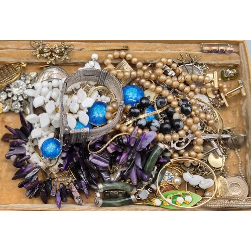 48 - Antique blue leather jewellery box containing a large quantity of mixed jewellery.