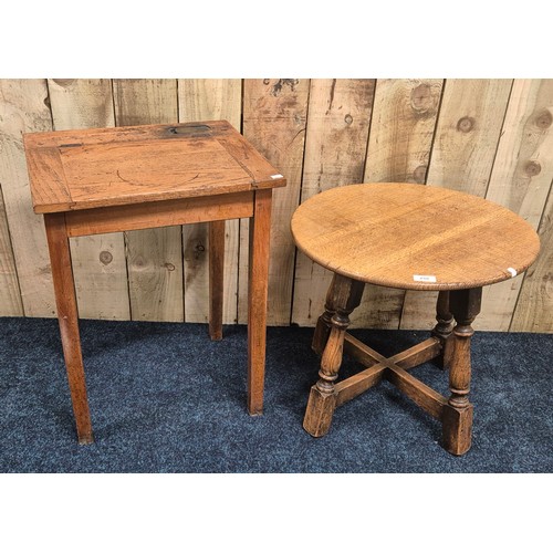 259 - Antique oak barrel top side table. Together with an oak school desk. Barrel top table- 47cm high.