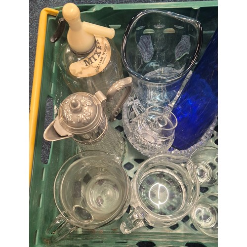 274 - A Crate of crystal and glass ware; Blue water jug. A. Wright of Kirkcaldy soda syphon. Crystal engra... 