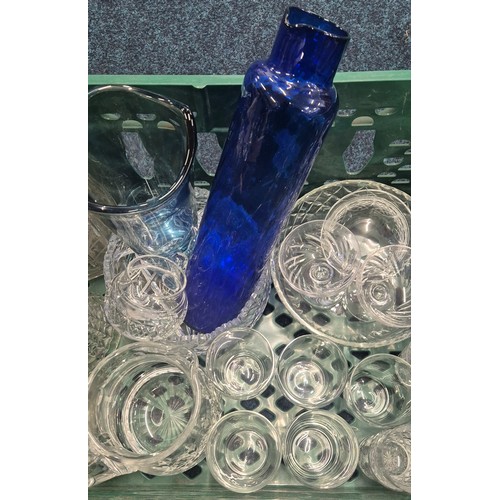 274 - A Crate of crystal and glass ware; Blue water jug. A. Wright of Kirkcaldy soda syphon. Crystal engra... 