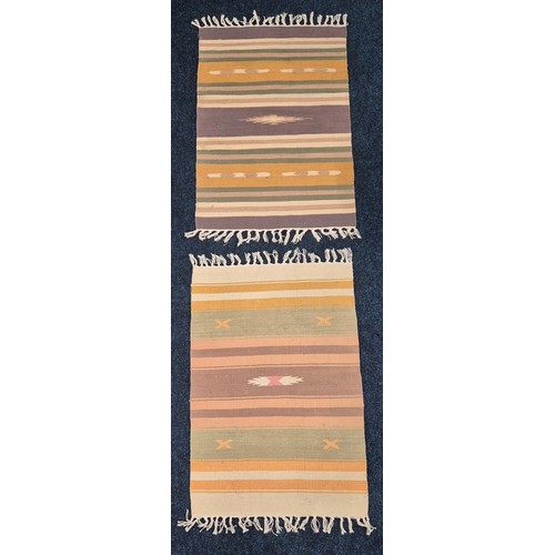 278 - Hand knotted kilim runner rug in a green ground and three smaller hand made rugs. Runner- 200x70cm