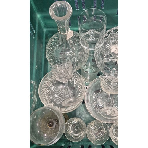 287 - Crate of antique and vintage crystal and glassware; Fern etched waterjug, decanters, drinking glasse... 