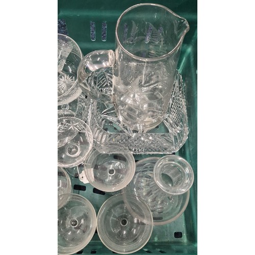 287 - Crate of antique and vintage crystal and glassware; Fern etched waterjug, decanters, drinking glasse... 